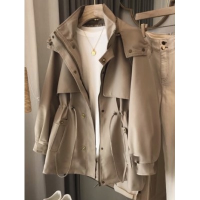 AXDX Khaki Hooded Trench Coat - 2025 Spring New Short Style Women's Jacket